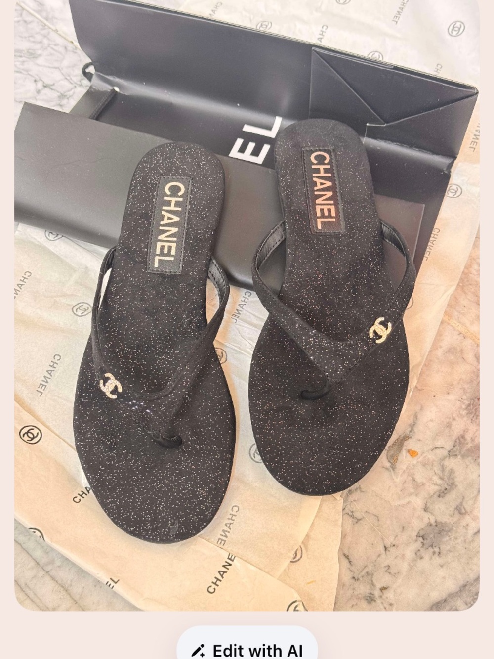 CHANEL Black Glitter Thong Sandals with Gold CC Accent